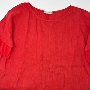 Terzo Millennio Italy Red Linen Cotton Ruffle Hem Short Sleeve Top Small